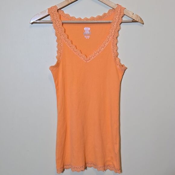 Route 66 Orange Y2K Ribbed Lace Trim Tank Top Size XS Elena Gilbert Bella - Picture 1 of 10